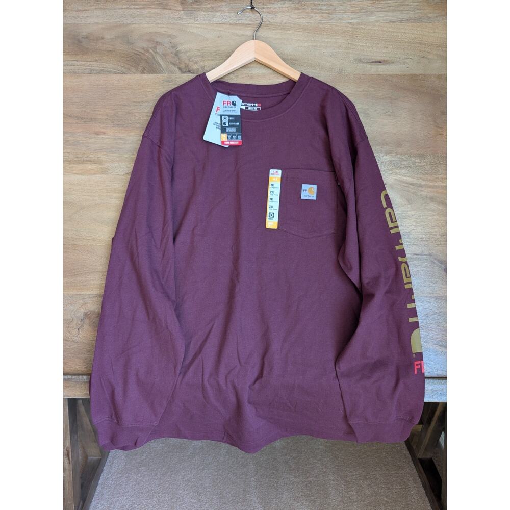 Carhartt Graphic T-Shirt Mens 2XL Maroon Flame Resistant Loose Long Sleeve NWT - Picture 1 of 5